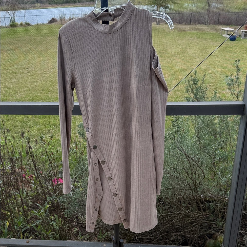 Lush Asymmetrical Beige form fitting Dress with Button snap Accents